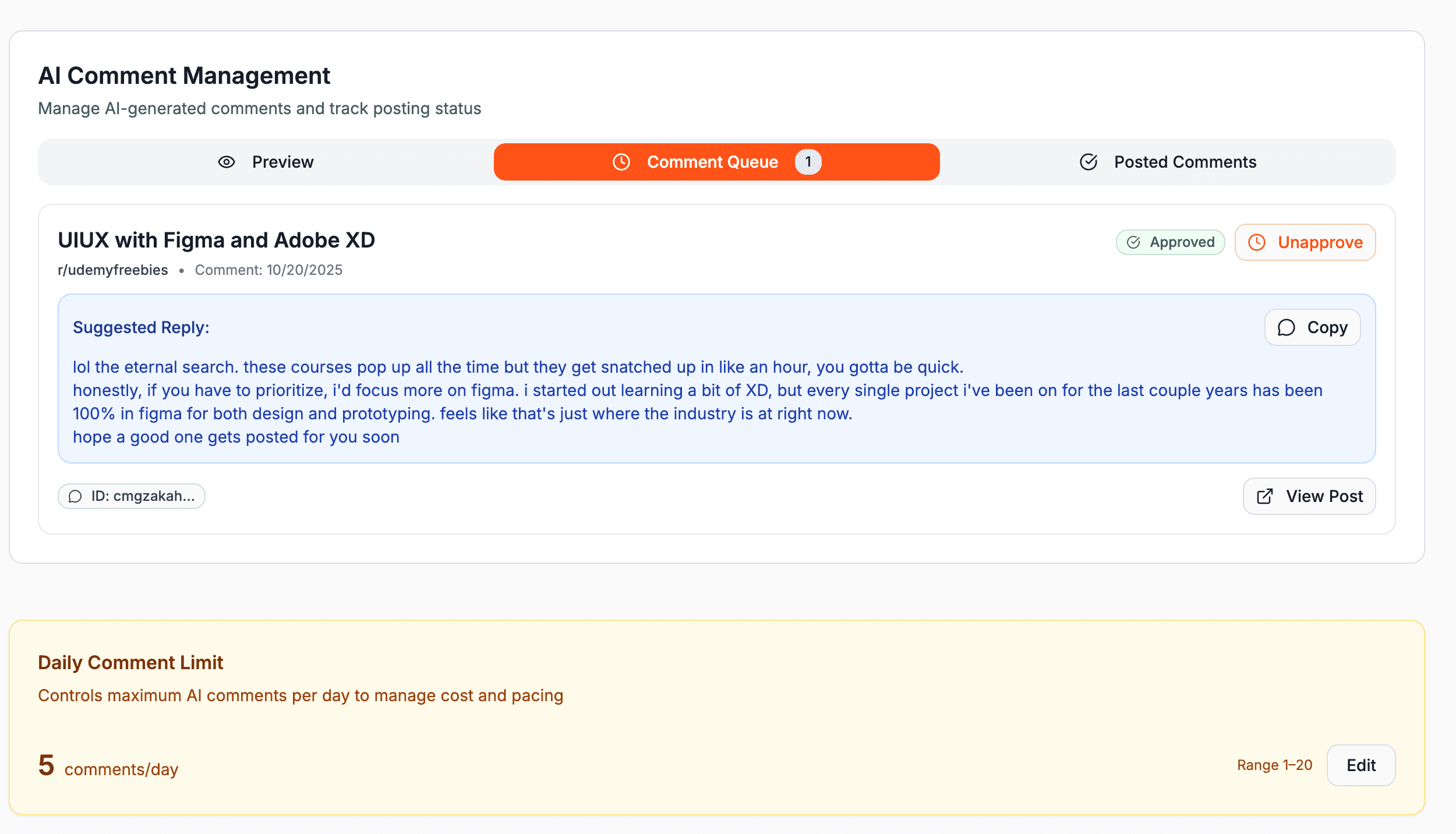 Reddit comment posting queue management
