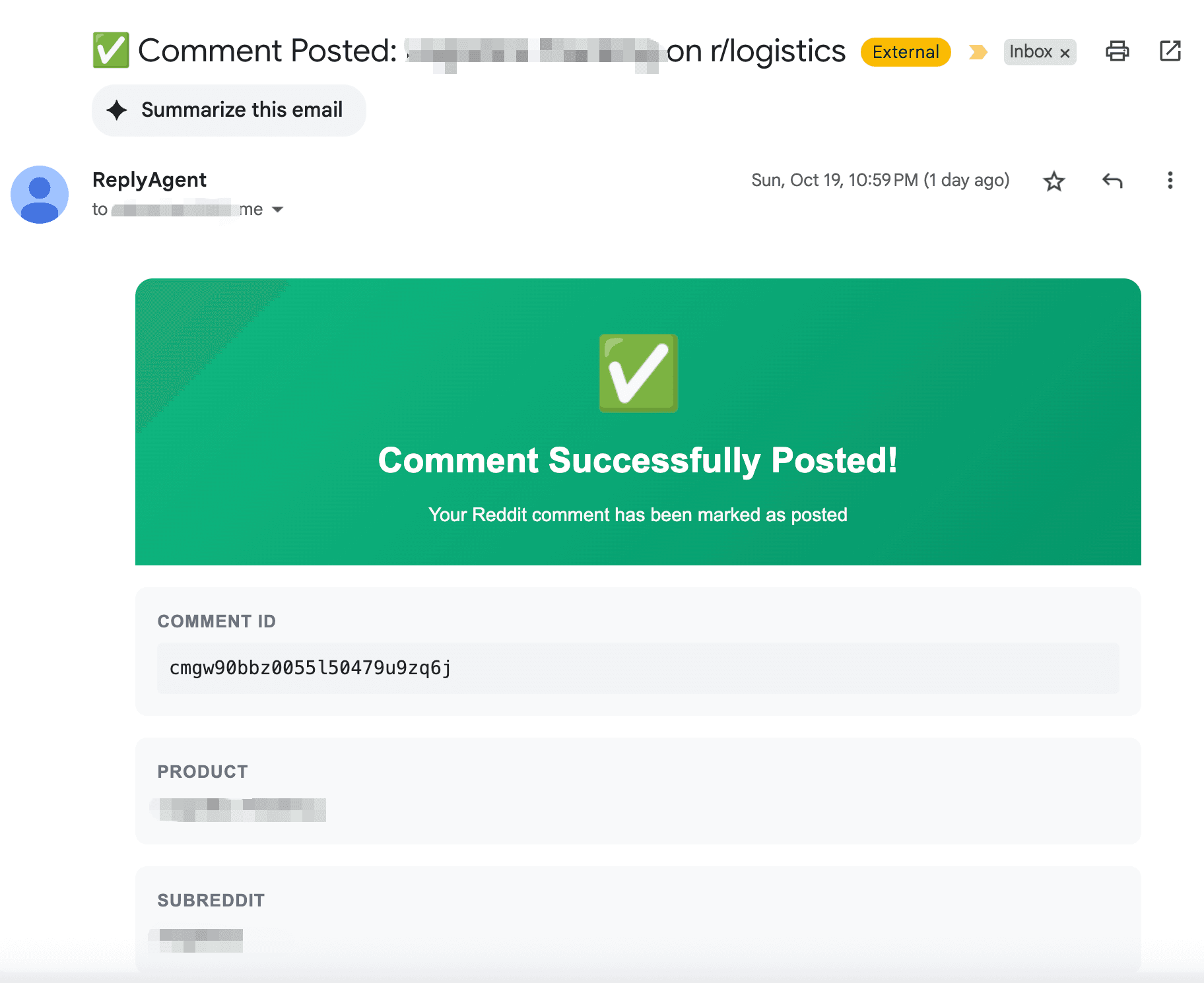 Email notification for posted Reddit comments